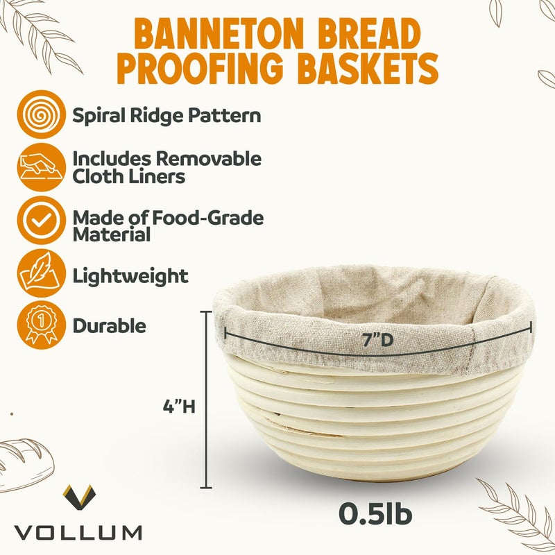 Vollum Banneton Bread Proofing Basket Sourdough Proofing Basket for Beginners & Professional Bakers, Handwoven Rattan Cane Bread Maker with Linen for Artisan Breads, 7 x 4 Inch, 0.5-Pound Round - Image 2
